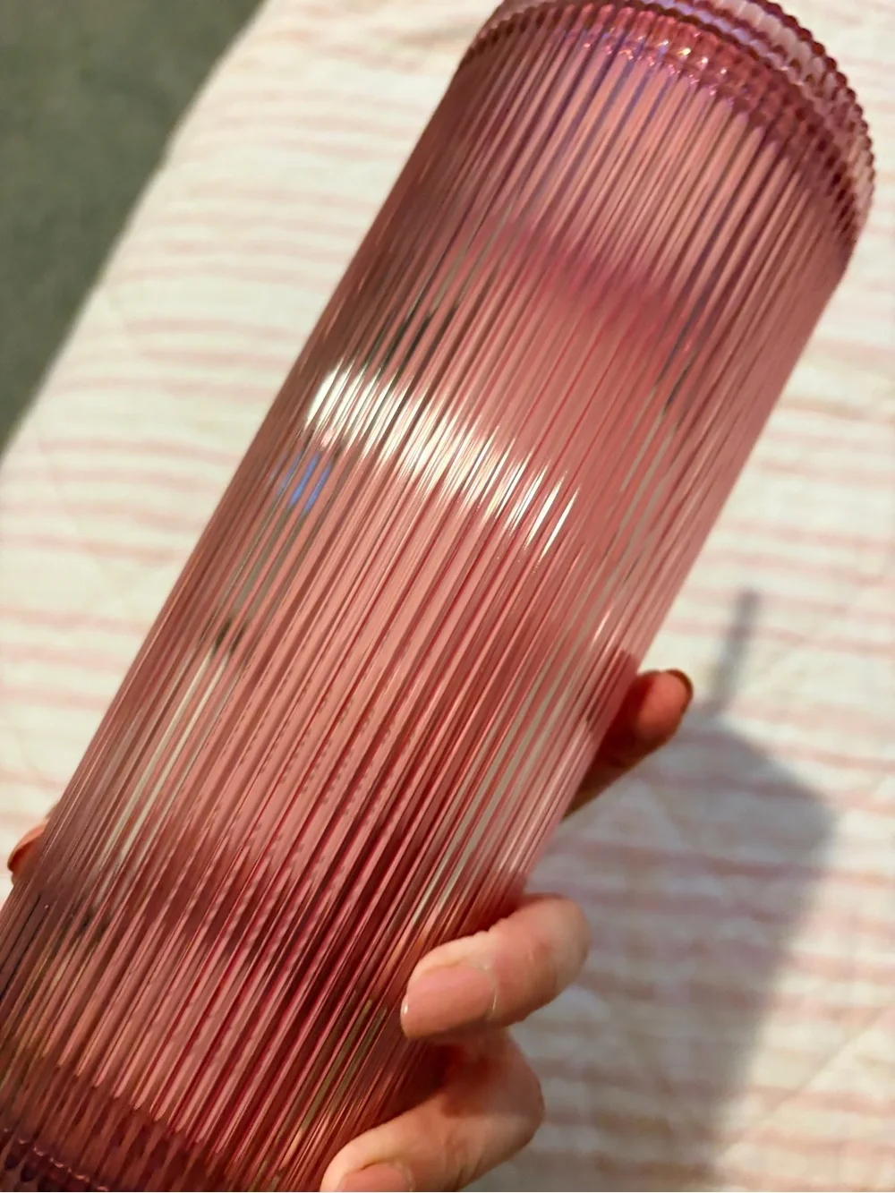 NWT🍓Starbucks Pink Ribbed Tumbler with Strawberry Lid Topper